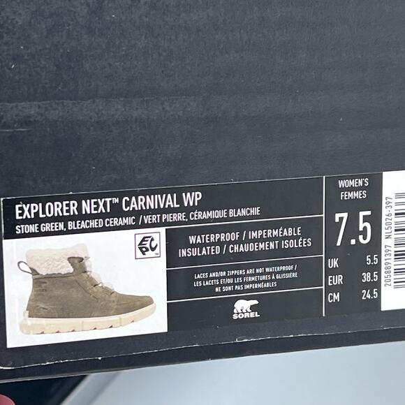 Sorel Explorer Next Carnival 100g Waterproof Boot Stone Green Women 7.5 NWB - Picture 9 of 10